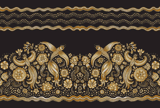 Vector seamless pattern in ethnic style. Exotic flying birds, golden contour line drawing with folk ornaments on a black background. Embroidery silhouette, wallpaper, textile print, wrapping paper Vector seamless pattern in ethnic style. Exotic flying birds, golden contour line drawing with folk ornaments on a black background. Embroidery silhouette, wallpaper, textile print, wrapping paper chinese tapestry stock illustrations