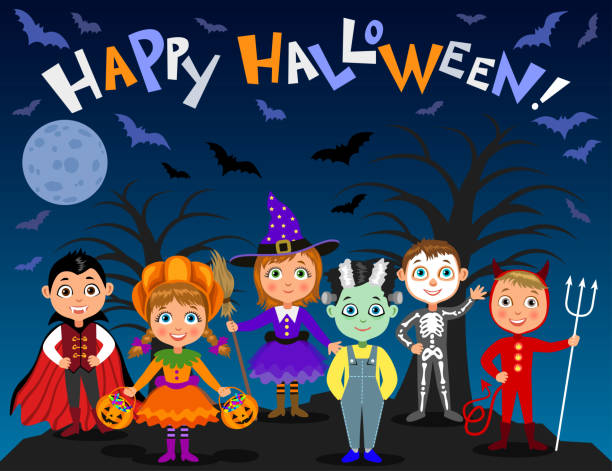 ilustraciones, imágenes clip art, dibujos animados e iconos de stock de feliz halloween. niños en disfraces de halloween. drácula vampiro, diablo, bruja, calabaza, zombie, esqueleto. niños y niñas en el fondo de la noches. caracteres del vector. - vampire vampiress little girls cartoon