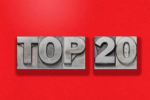 top twenty metallic letterpress numbers assembled on red textured background