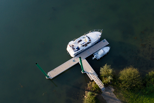 Houseboat on River Saone, France. Aerial view