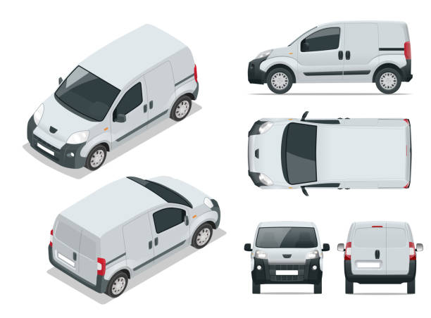 小型バン車。隔離された車、車ブランディングや広告用のテンプレート。フロント、リア、サイド、トップ、アイソ メトリック図法前面と背面。クリック 1 つで色を変更します。グループ別のレイヤー上のすべての要素。 - van点のイラスト素材／クリップアート素材／マンガ素材／アイコン素材