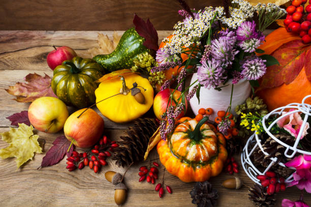 istock Fall arrangement with clover in vase and pumpkin, top view 857901600
