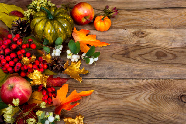 istock Thanksgiving background with green squash and autumn leaves, copy space 857901664