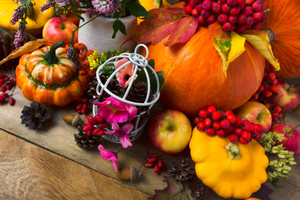 istock Fall background with pumpkins, apples, cones and pink flowers 857901778