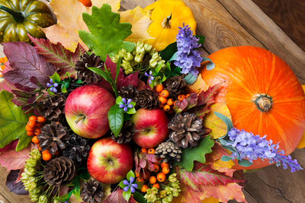 istock Ripe red apples, pumpkins, and blue flowers 857902016