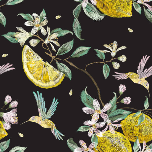 ilustraciones, imágenes clip art, dibujos animados e iconos de stock de bordado moda de patrones sin fisuras con las flores hummingbird y limón. - lemon backgrounds fruit textured