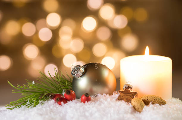 istock Christmas background with candle, ornament and lights. 857908744