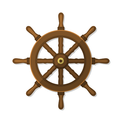 Ship wheel, rudder, steering flat style vintage vector illustration isolated on white.