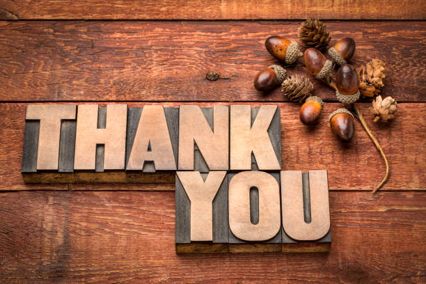 than you phrase in vintage letterpress wood type printing blocks against weathered barn wood with acorn decoration - Thanksgiving theme