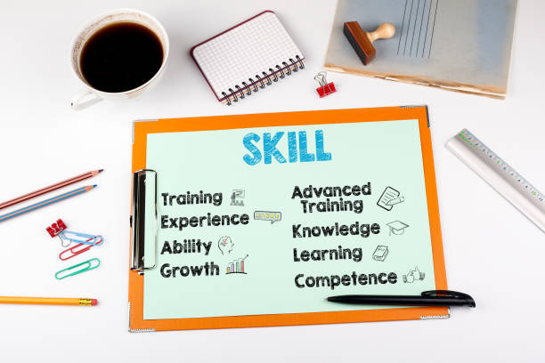 istock Skill Concept, keywords and icons. Office desk with stationery 857924142