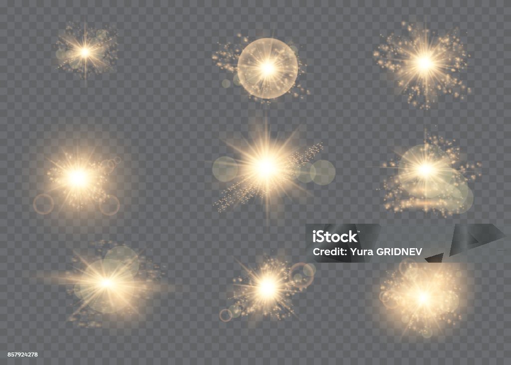 Set. Shining star, the sun particles and sparks with a highlight effect, golden bokeh lights glitter and sequins. On a dark background transparent. Vector, EPS10 Backgrounds stock vector