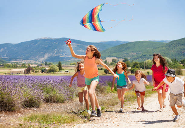 istock Kids having fun flying colorful kite in summer 857925164
