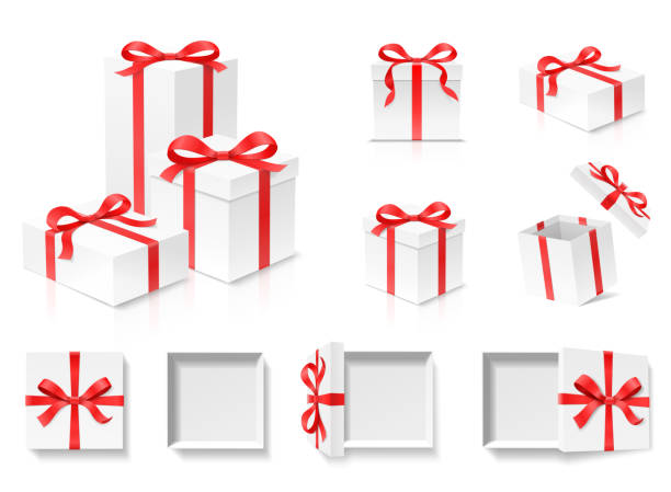 leere offene geschenk-box-set mit roter farbe bogen knoten und band isoliert auf weißem hintergrund. - weihnachtsgeschenke stock-grafiken, -clipart, -cartoons und -symbole