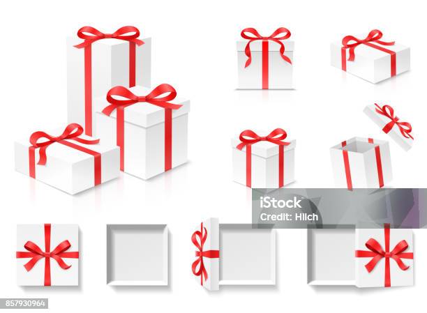 Empty Open Gift Box Set With Red Color Bow Knot And Ribbon Isolated On White Background Stock Illustration - Download Image Now