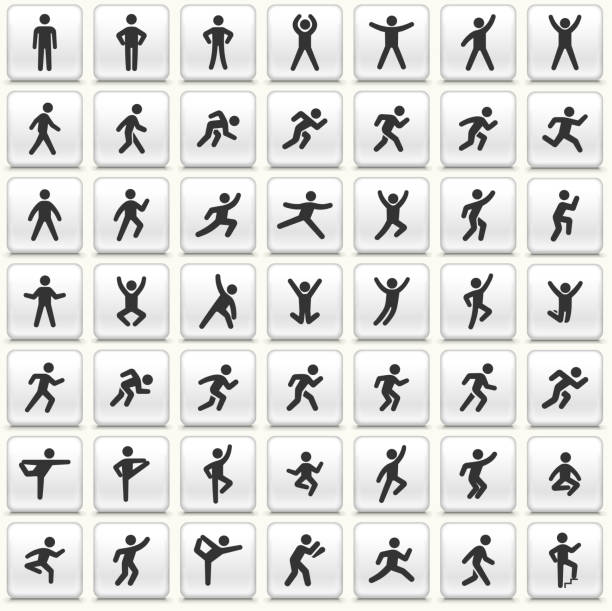 People in motion Active Lifestyle Vector Icon White Button Set People in motion Active Lifestyle Vector Icon Set. This icon set featured 49 icons of stick figure people in various positions. They are ideal to illustrate active and healthy lifestyle. Each icon is designed to be used on it's own or as part of this set. jumping jacks stock illustrations