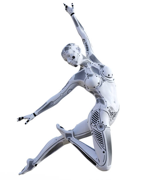 istock Dancing robot woman. White metal droid. Artificial Intelligence. 857932976