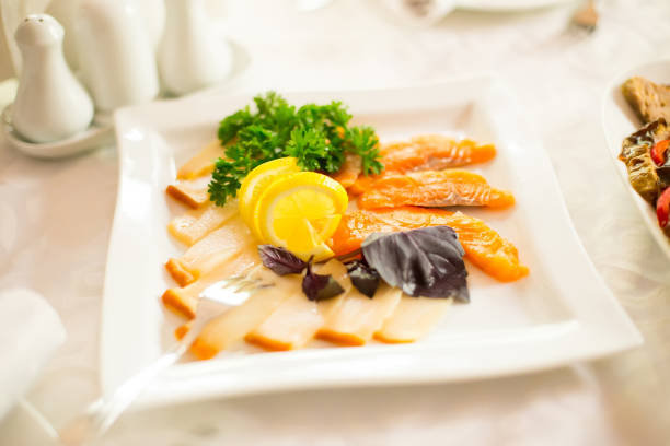 raw fresh uncooked salmon red fish fillet on plate with lemon