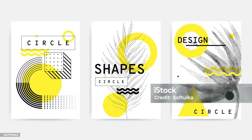 Colorful trend retro geometric pattern Universal trend posters set juxtaposed with bright bold geometric leaves foliage yellow elements composition. Background in restrained sustained tempered style. Magazine, leaflet, billboard, sale Pattern stock vector