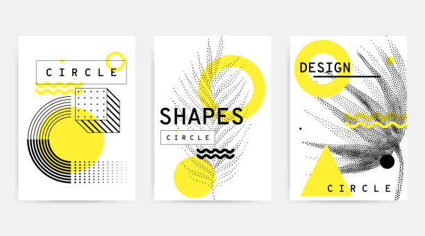 Colorful trend retro geometric pattern Universal trend posters set juxtaposed with bright bold geometric leaves foliage yellow elements composition. Background in restrained sustained tempered style. Magazine, leaflet, billboard, sale watercolor painting striped abstract backgrounds stock illustrations