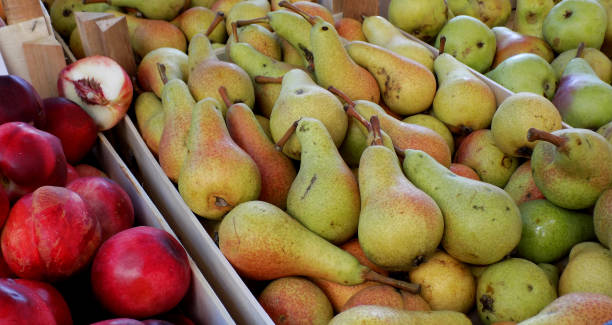 nettarine e pere nella cassa di legno sulla bancarella del mercato - nectarine peach red market foto e immagini stock