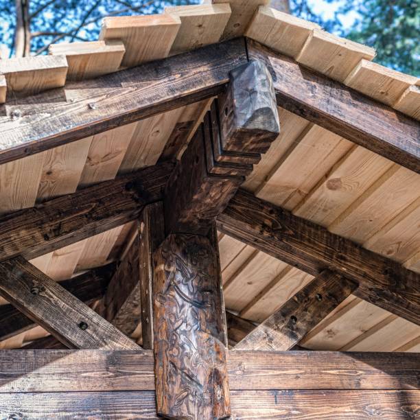 istock wooden roof beam. timber frame construction 857963322