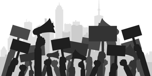 Concept for protest, revolution or conflict. Silhouette crowd of people protesters. Flat vector illustration. Concept for protest, revolution or conflict. Silhouette crowd of people protesters. Flat vector illustration. megaphone silhouettes stock illustrations