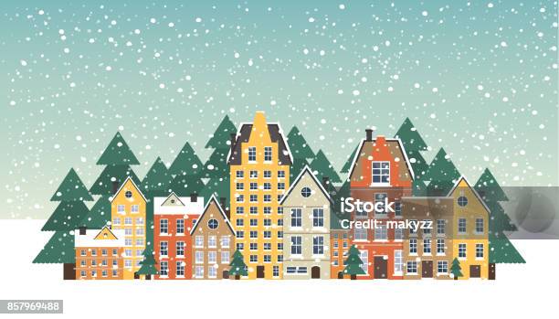 City At Winter Flat Vector Illustration Stock Illustration - Download Image Now - Distant, Horizontal, Illuminated