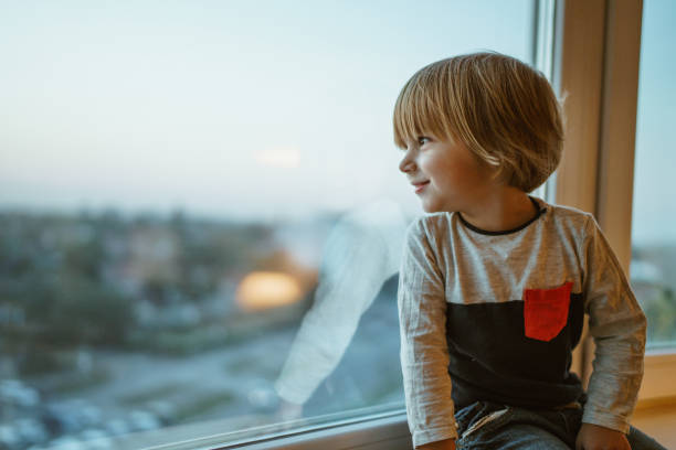 istock Smiling boy looking trouth the window 857969644