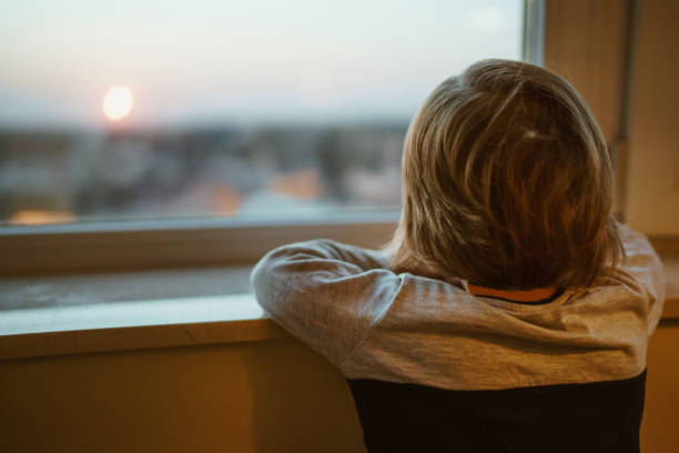 istock close up of back view young boy looking trough window 857973110