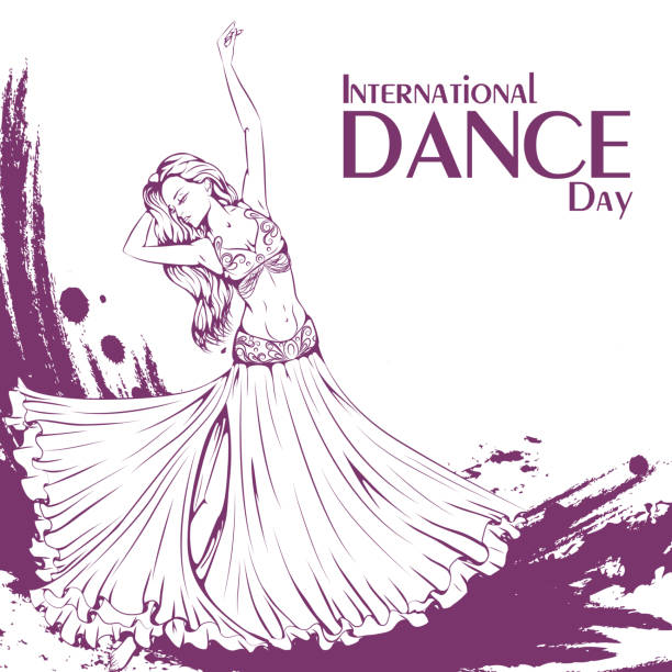 Dance day belly dance Vector illustration of young girl dancing belly dance on grunge background. Dance Icon. Design for flyers, magazines and commercial banners. Series of dancing men and dance accessories. belly dancing stock illustrations