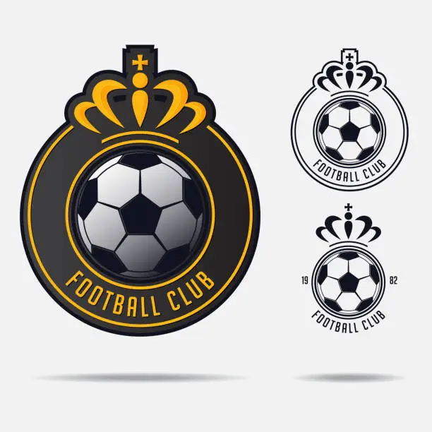 Vector illustration of Soccer emblem or Football Badge Design for football team. Minimal design of golden crown and classic soccer ball. Football club in black and white icon. Vector.