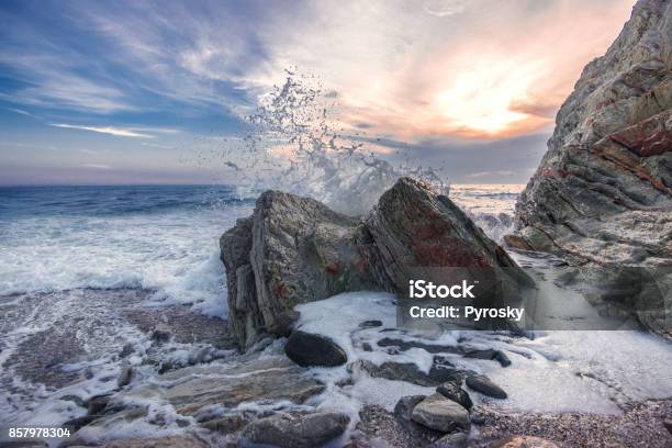 Wave Crashing On Rocks Stock Photo - Download Image Now - Rock - Object, Breaking Wave, Sea