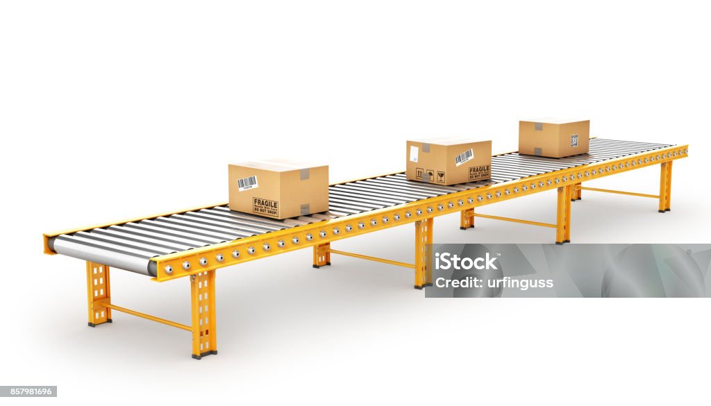 Cardboard boxes on a conveyor line Delivery concept. Cardboard boxes on a conveyor line. 3d illustration Conveyor Belt Stock Photo