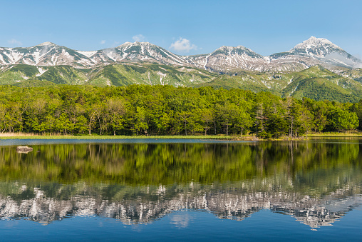 Scenic view on Yonko lake against blue sky, reflection of snowcapped mountains in the lake, Hokkaido, Japan