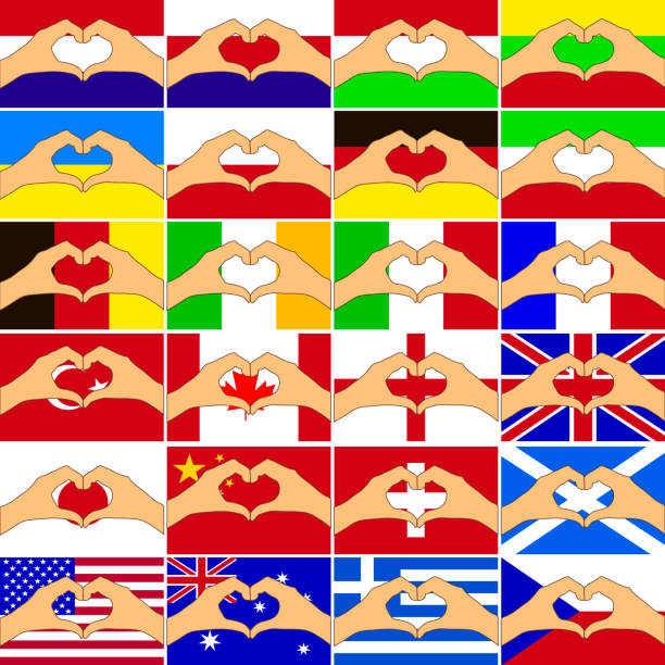 ilustraciones, imágenes clip art, dibujos animados e iconos de stock de ilustración vectorial de bandera de diferentes países y las manos haciendo una forma de corazón - consoling human hand human heart care