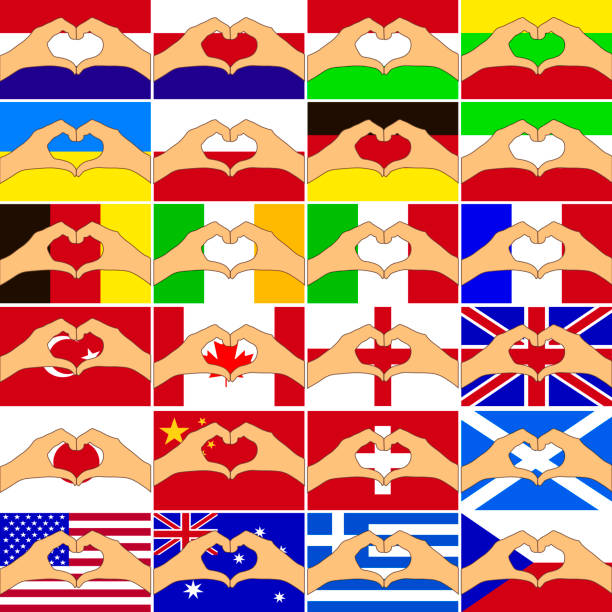 ilustrações, clipart, desenhos animados e ícones de ilustração em vetor de bandeira de diferentes países e as mãos fazendo uma forma de coração - consoling human hand human heart care