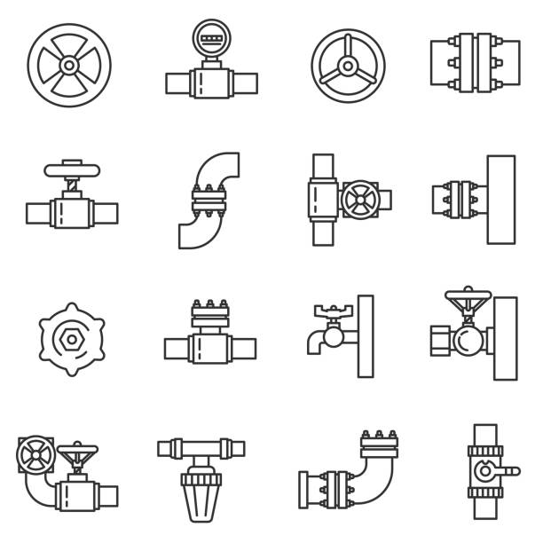 Pipeline icons set. Pipeline icons set. Pipes and valves collection. Thin line design machine valve stock illustrations