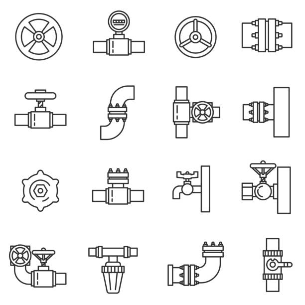 Pipeline icons set. Pipeline icons set. Pipes and valves collection. Thin line design Valve stock illustrations