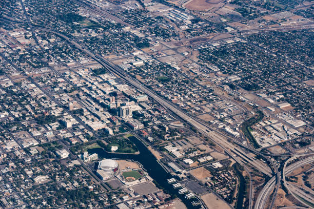 Aerial view of downtown Stockton California including the Stockton Arena, Lake McLeod and Weber Point