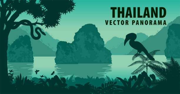 векторная панорама таиланда с большой птицей-носорогом и питоном возле пляжа джунглей - пхукет stock illustrations