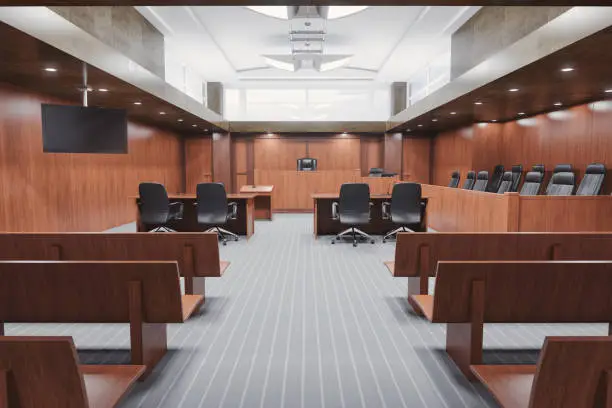 Interior of an empty courtroom.