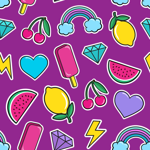 ładny bezszwowy wzór z kolorowymi naszywkami. naklejki z lodami, wiśnią, arbuzem, tęczowymi diamentami cytrynowymi itp. - heart shape pink background cartoon vector stock illustrations