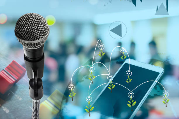 Double Exposure microphone icon and a map of the world.
