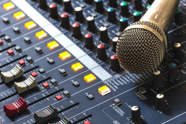 istock Old microphone with audio mixer. Dark tones. 858035432