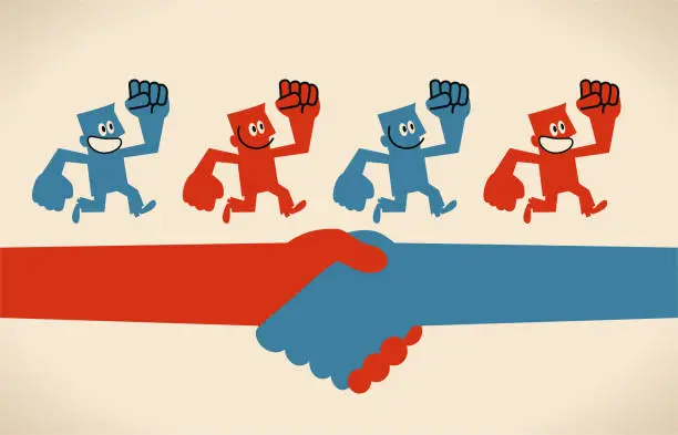 Vector illustration of Group of smiling businessmen running on giant hand holding (handshake), teamwork cooperation concept