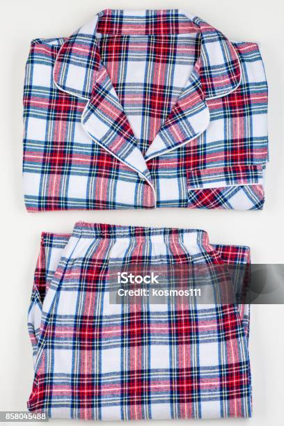 Checkered Classic Warm Pajamas On White Background Closeup Stock Photo - Download Image Now