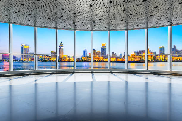 istock Panoramic skyline and buildings in shanghai from glass window 858045668