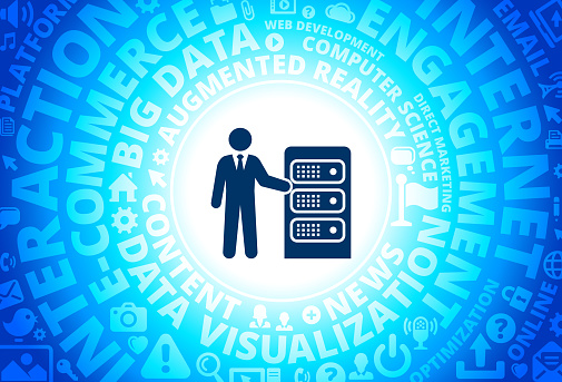 Computer Networking Icon on Internet Modern Technology Words Background. This blue vector background features the main icon in the center of the image. The icon is surrounded by a set of conceptual words and technology and internet icons. The icon is highlighted by a strong starburst glow effect and stands out from the rest of the image. The technology terminology is arranged in a circular manner. The predominant tone of the image is blue with a circular gradient that originates from the center of the composition.