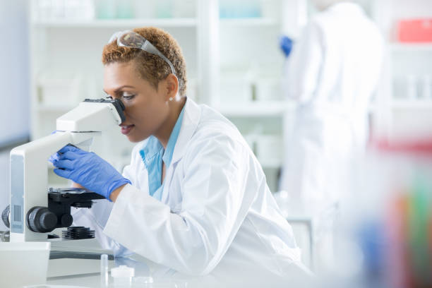 istock Serious mid adult female lab technician adjusts microscope to view slide 858045776