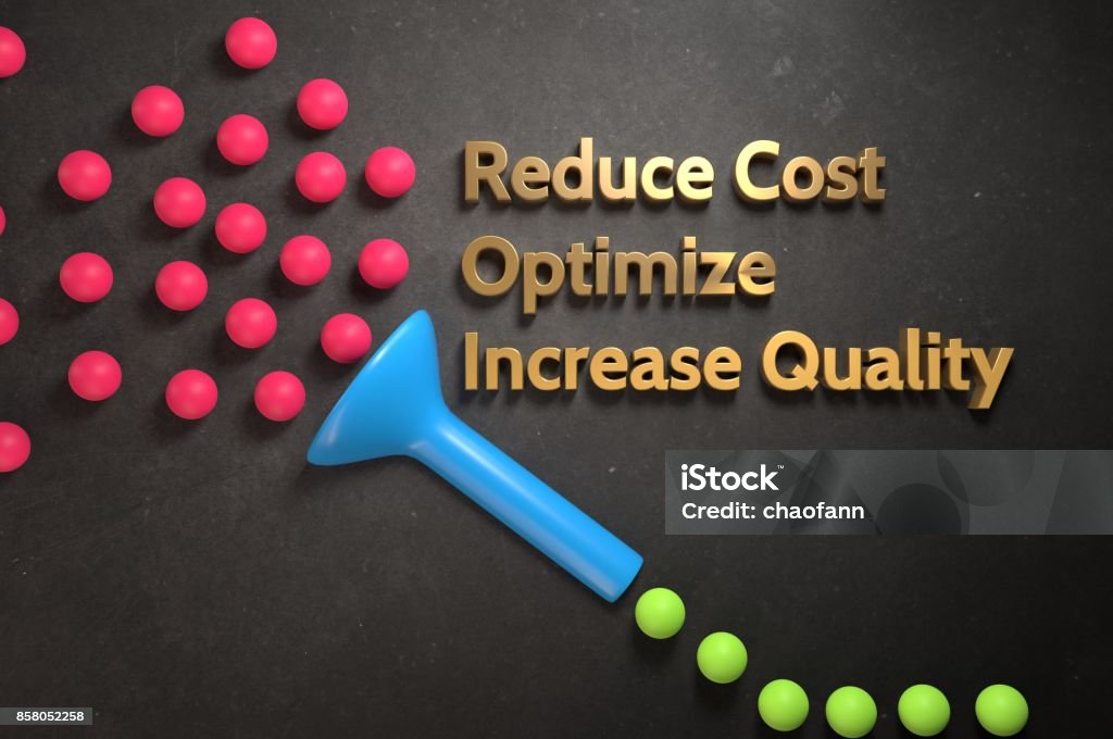 Process Optimization Optimization Concept from raw to end product. Funnel Stock Photo